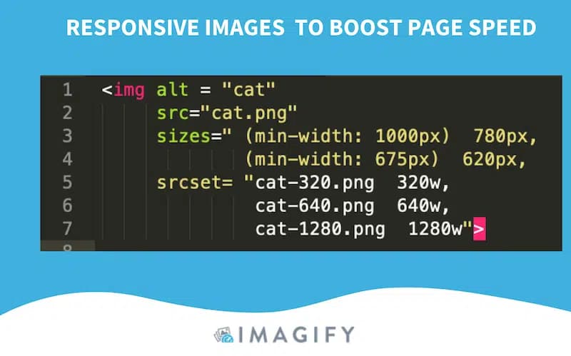 Responsive images code snippet – Source: Imagify for photos load faster on WordPress
