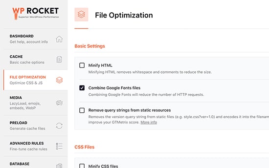 File Optimization WP Rocket Feature
