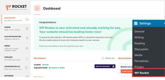 WP Rocket Dashboard Page
