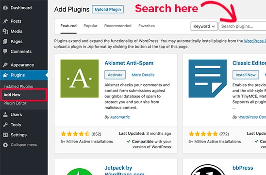 a place where Search plugins in wordpress