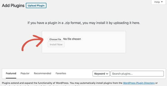 Select Plugin Zip File to upload and install in WordPress